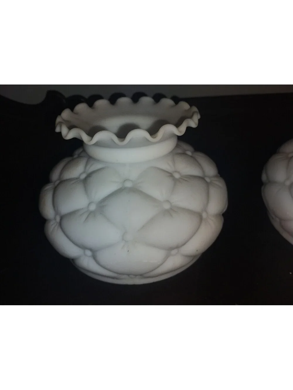 Vintage Milk Glass Lamp Shades Pair Quilted Diamond Pattern Ruffled Edge 2pc